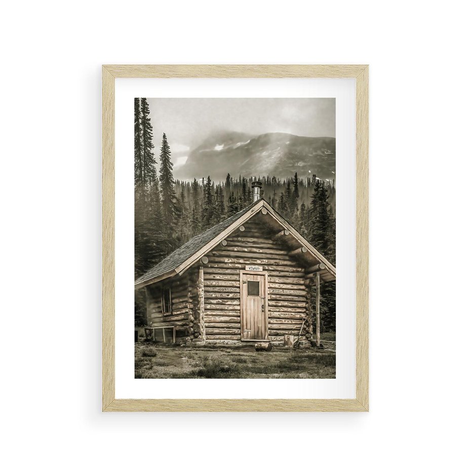 Plakat w ramie 30x40 - Urok Drewnianej Chatki w Górach - chatka w górach, drewniany domek - rama drewno