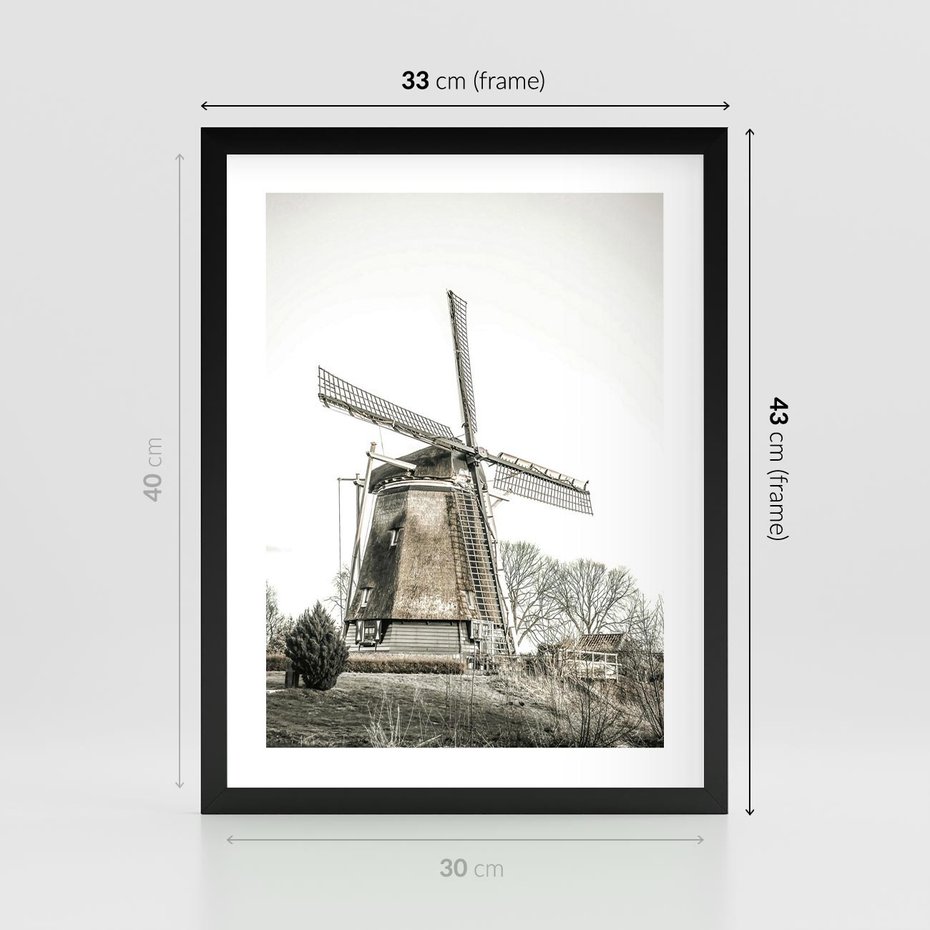 Plakat w ramie 30x40 - Wiejska Idylla z Młynem - wiatrak, młyn - rama czarna
