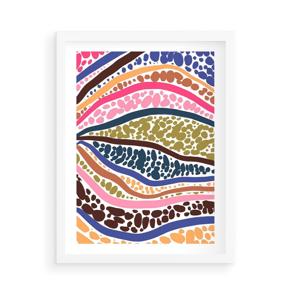 Plakat w ramie 50x70 - Wibracje Plam - kolorowe wzory, tęczowe żywe kolory - rama biała