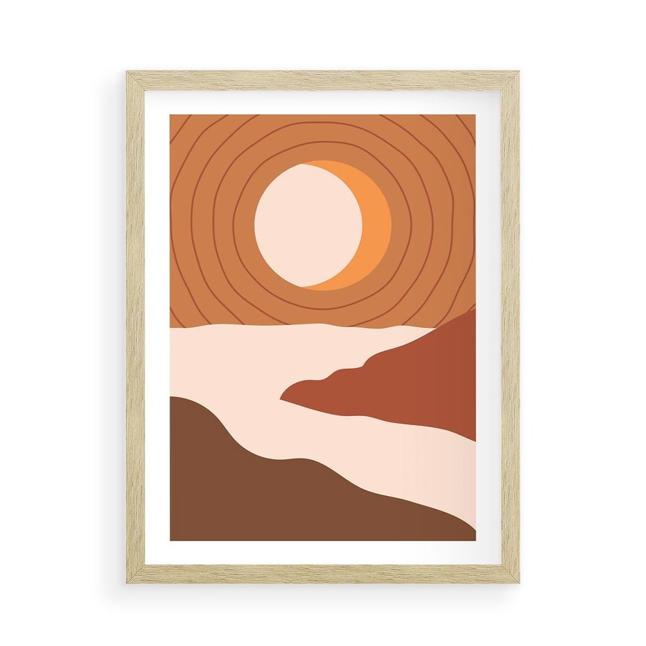 Plakat w ramie 50x70 - Sztuka Zachodu Słońca: Nowoczesna Sceneria - plakat, nowoczesna grafika - rama drewno