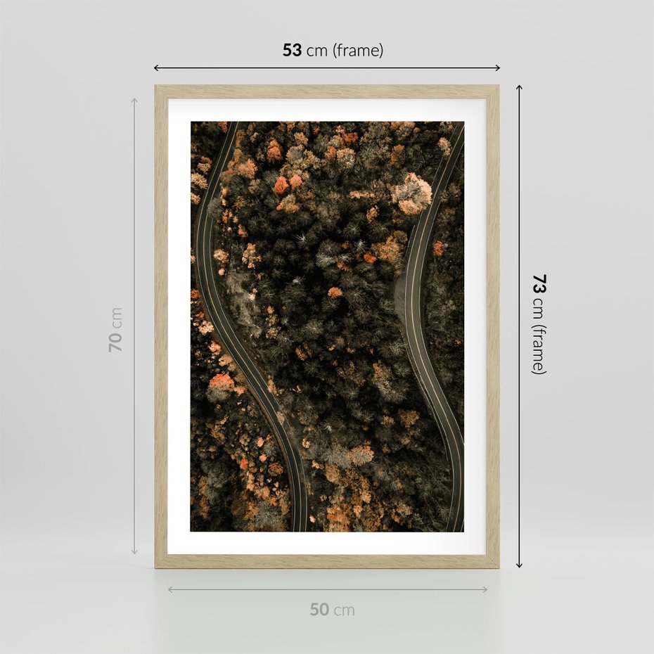 Plakat w ramie 50x70 - Las i Droga w Kolorach Jesieni - droga, ujęcie z góry - rama drewno