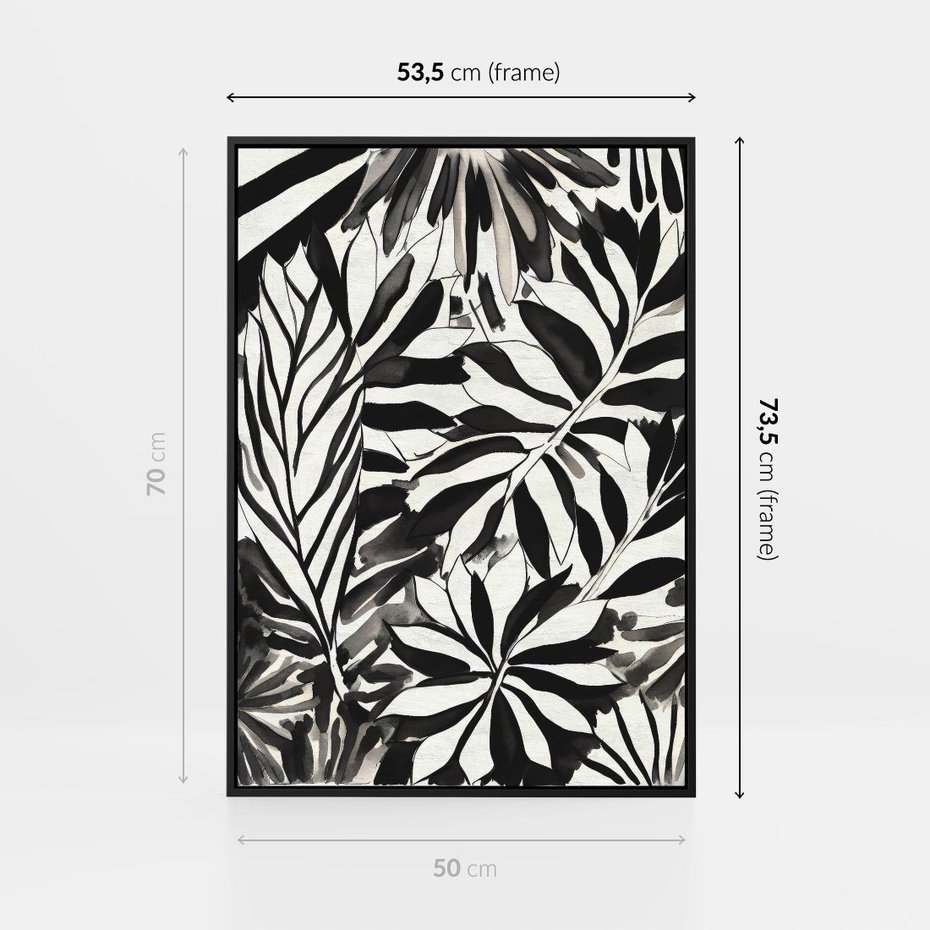 Obraz w ramie 50x70 - Czarne Liście - akwarelowy obraz, czarno biały - rama czarna