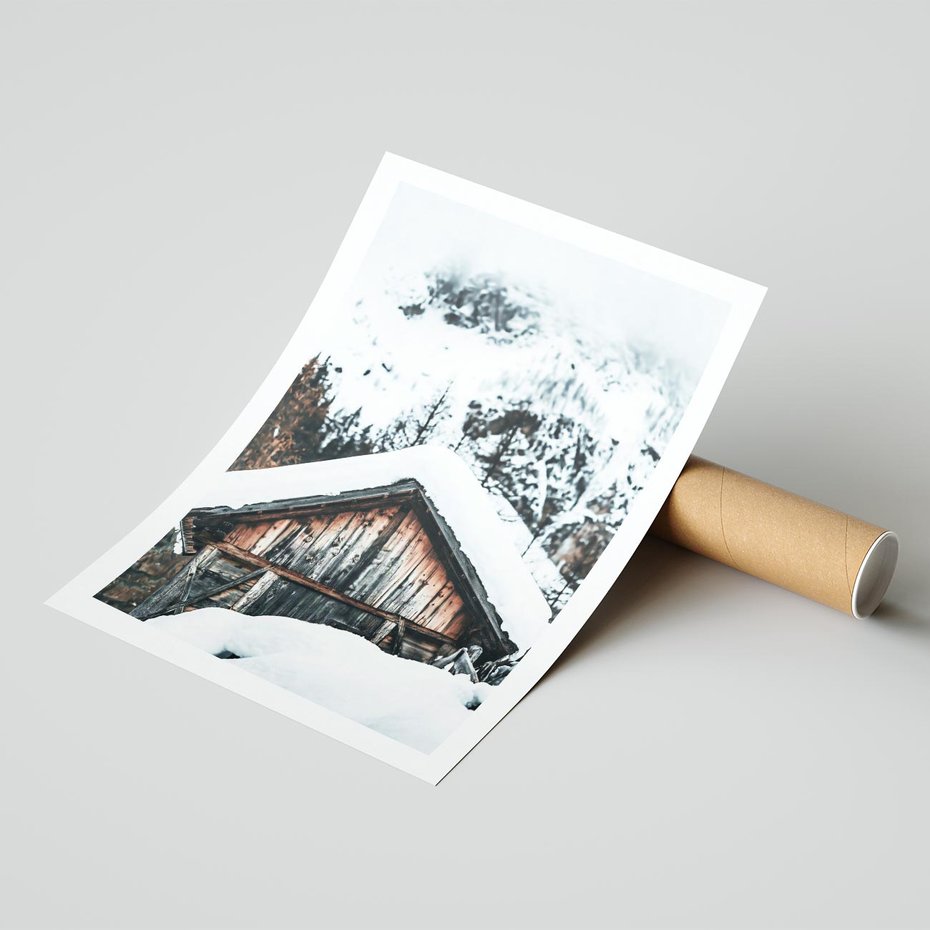 Plakat bez ramy 30x40 - Domek w Górach w Białym Odcieniu - zima, domek w górach