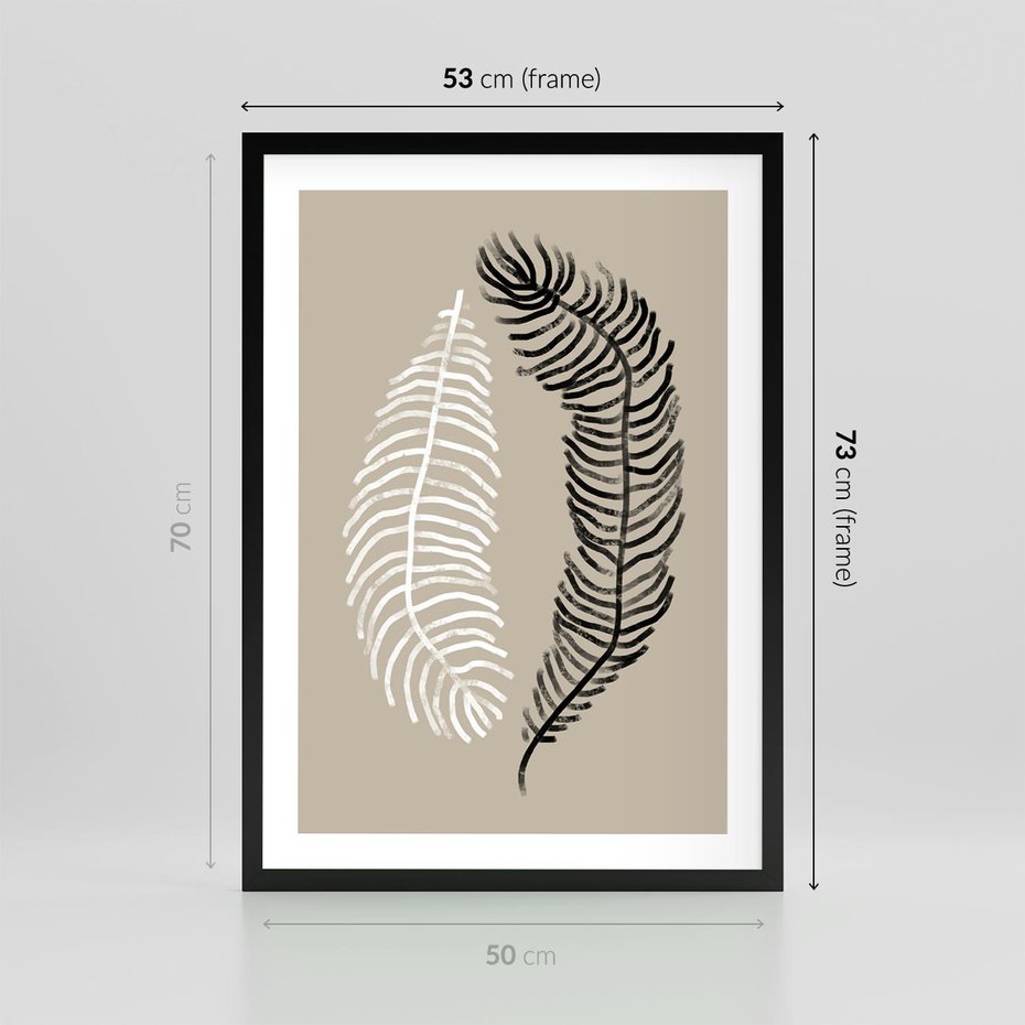 Plakat w ramie 50x70 - Spleciona Harmonia - sztuka nowoczesna, białe i czarne pióro - rama czarna