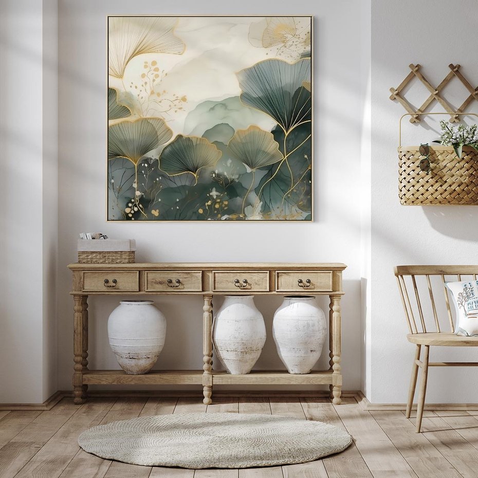 Obraz w ramie 50x50 - Natura w Złotym Odcieniu - złote elementy, liście miłorzębu japońskiego - rama drewno