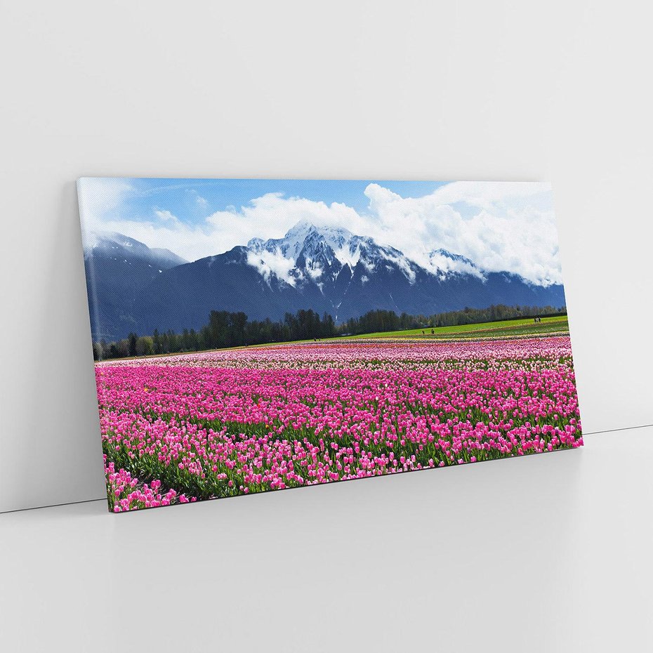 Obraz na płótnie 120x60 - Tulipany w malowniczym krajobrazie" - tulipany, krajobraz