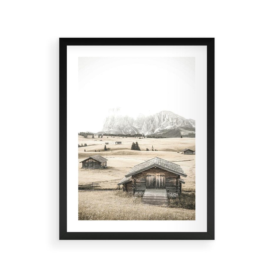 Plakat w ramie 30x40 - Chatka w Górskiej Sepii - domek w górach, chatka - rama czarna