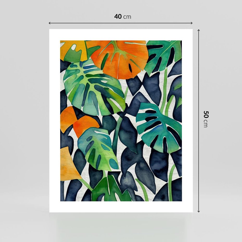 Plakat bez ramy 40x50 - Tropikalne Pragnienia - akwarela, liście tropikalne