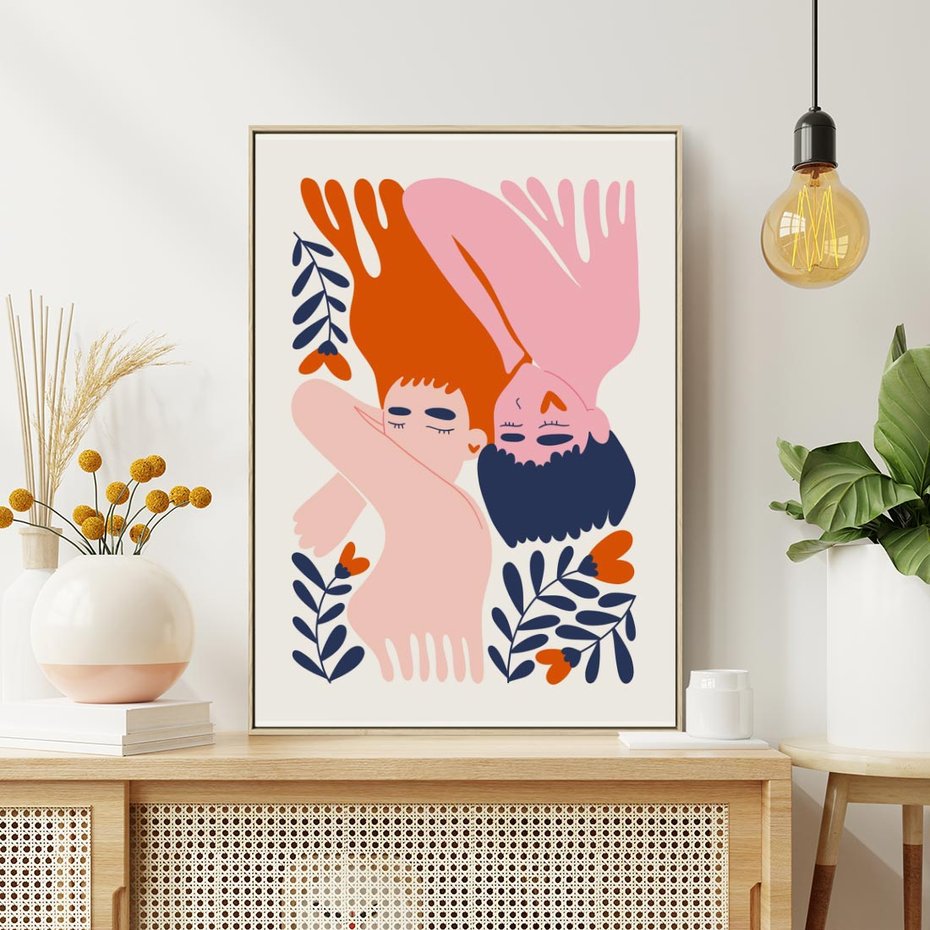 Obraz w ramie 80x120 - Miłość w Dwóch Sercach - miłość, para zakochanych - rama drewno