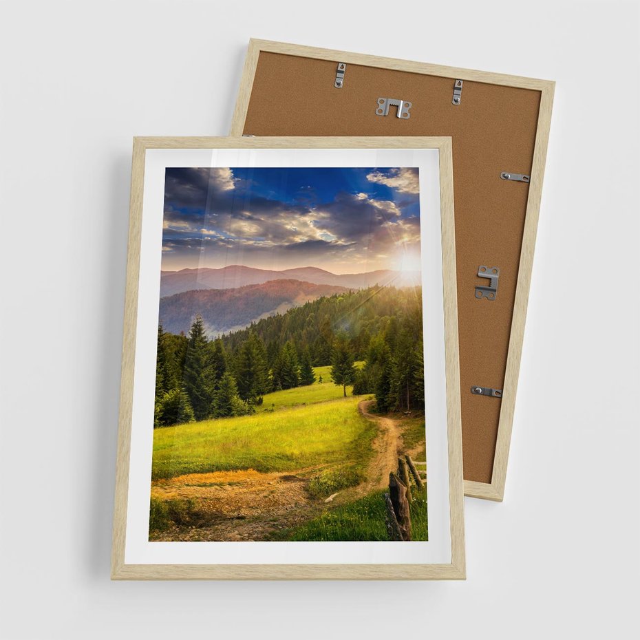 Plakat w ramie 50x70 - Zachód słońca na łące - zachód, łąka - rama drewno