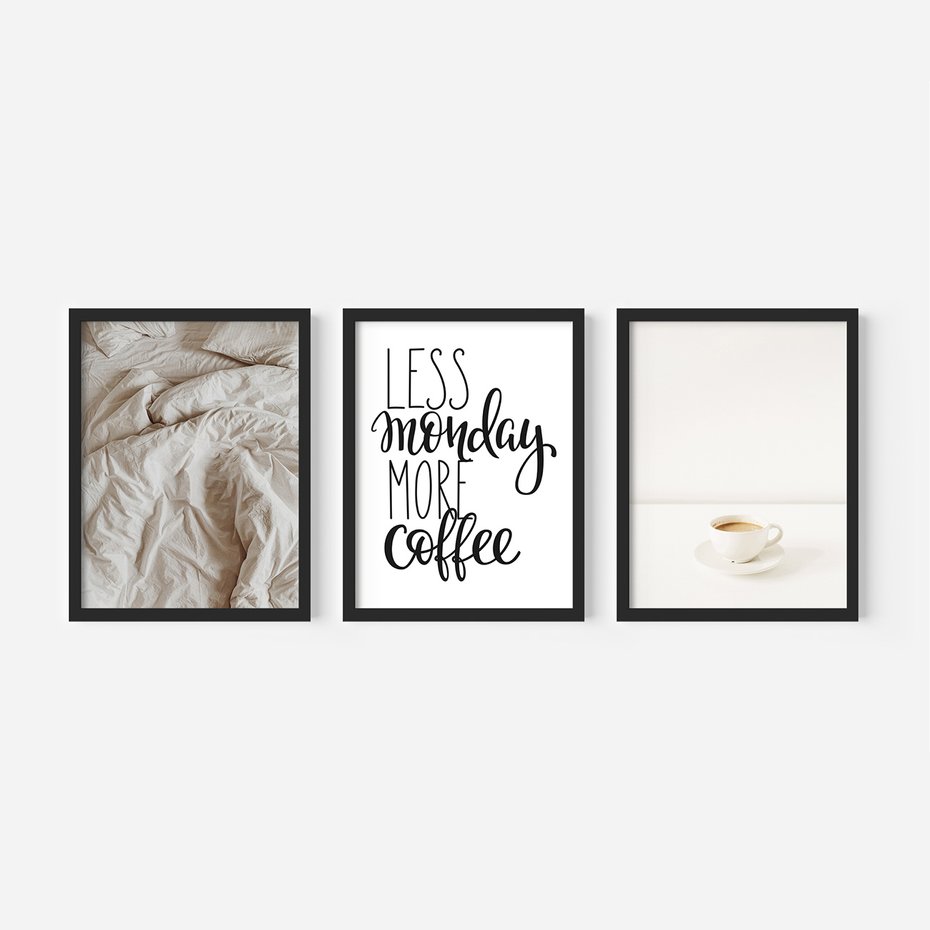 Zestaw obrazy w ramie 40x50 galeria - Kawa, łóżko, pościel, minimalizm - rama czarna