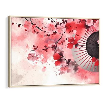 Obraz w ramie 100x70 - Szept Kwitnącej Wiśni - japoński parasol, liście - rama drewno