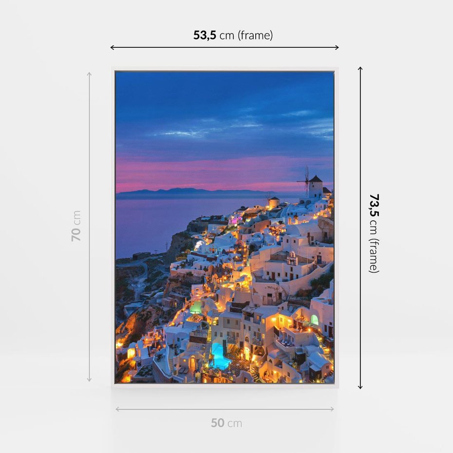 Obraz w ramie 50x70 - Wyblakłe wspomnienia gwiazd - Santorini, wieczór - rama biała