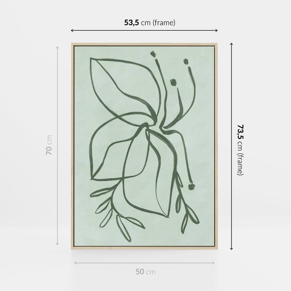 Obraz w ramie 50x70 - Energetyczne Odrodzenie Natury - abstrakcyjne delikatne zielone linie, podobne do gałęzi kwiatów - rama drewno