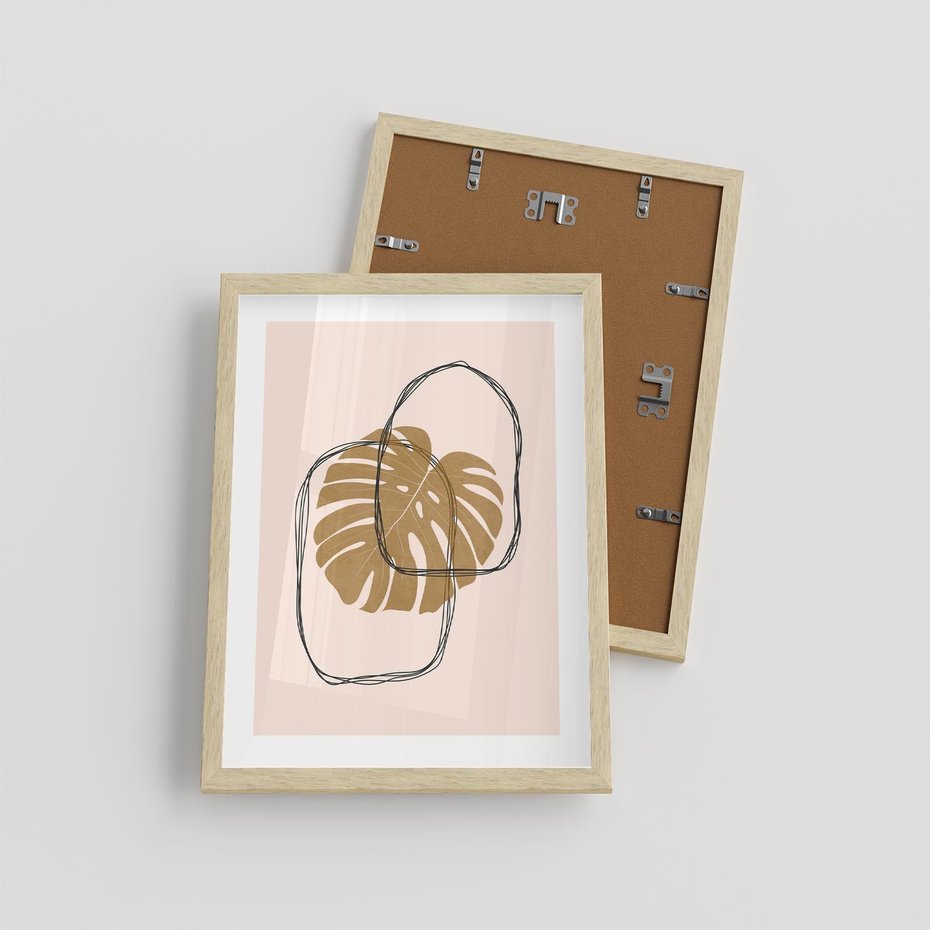 Plakat w ramie 30x40 - Liście w Beżowym Minimalizmie - minimalistyczny obraz, liście monstery - rama drewno