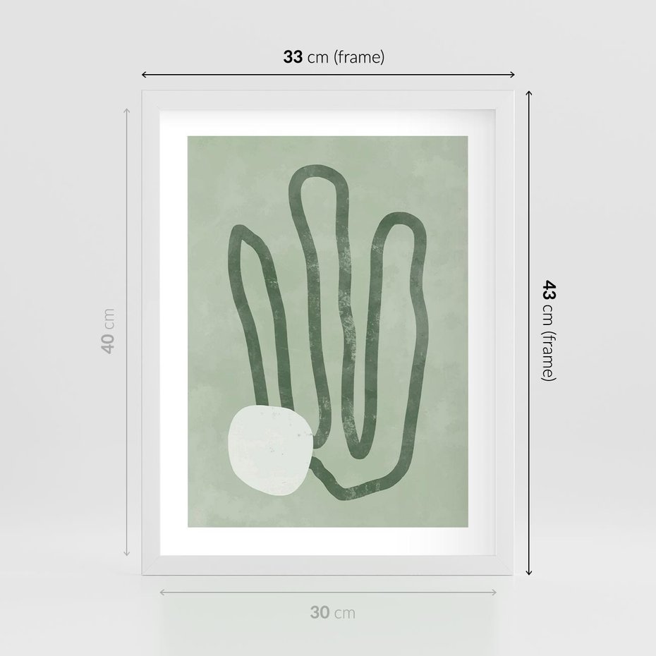 Plakat w ramie 30x40 - Spokojne Kształty Natury - zielona abstrakcja, zgaszona zieleń - rama biała