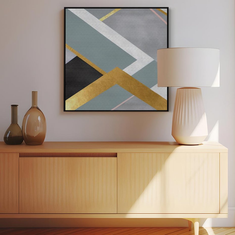 Obraz w ramie 50x50 - Geometryczne Elementy - geometryczne kształty, elementy złota - rama czarna