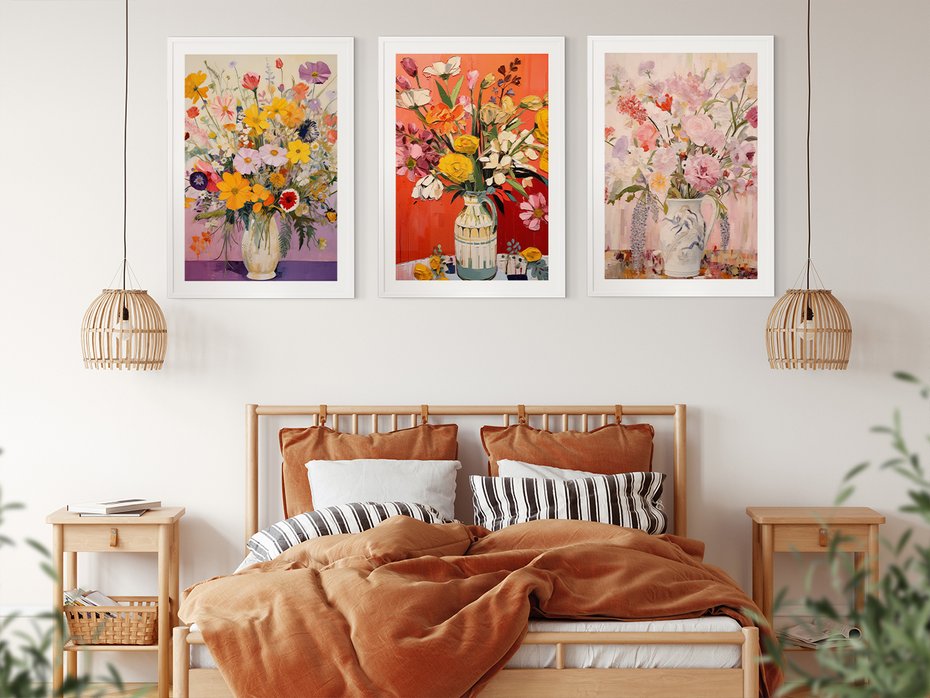 Zestaw obrazy w ramie 50x70 galeria - kwiaty, wazon, akwarela, pastele - rama biała