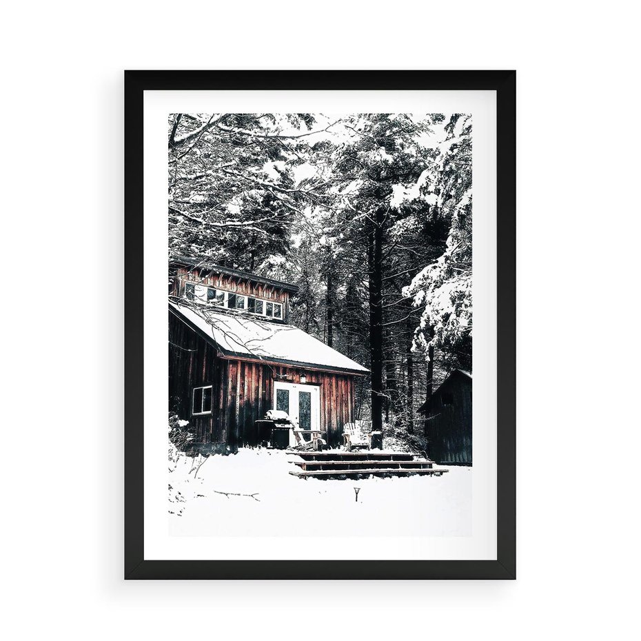 Plakat w ramie 50x70 - Zimowy Urok Drewnianego Domku - zima, drewniany domek - rama czarna