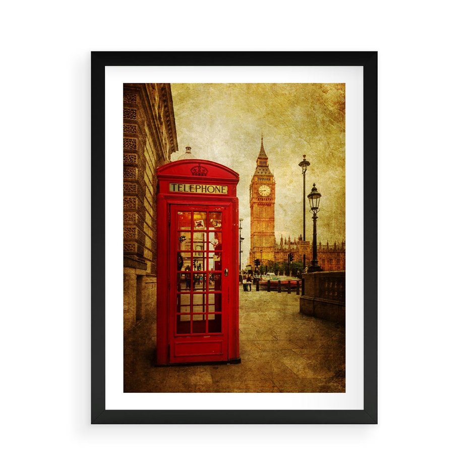 Plakat w ramie 50x70 - Ikoniczna budka telefoniczna w Londynie - sepia, budka - rama czarna