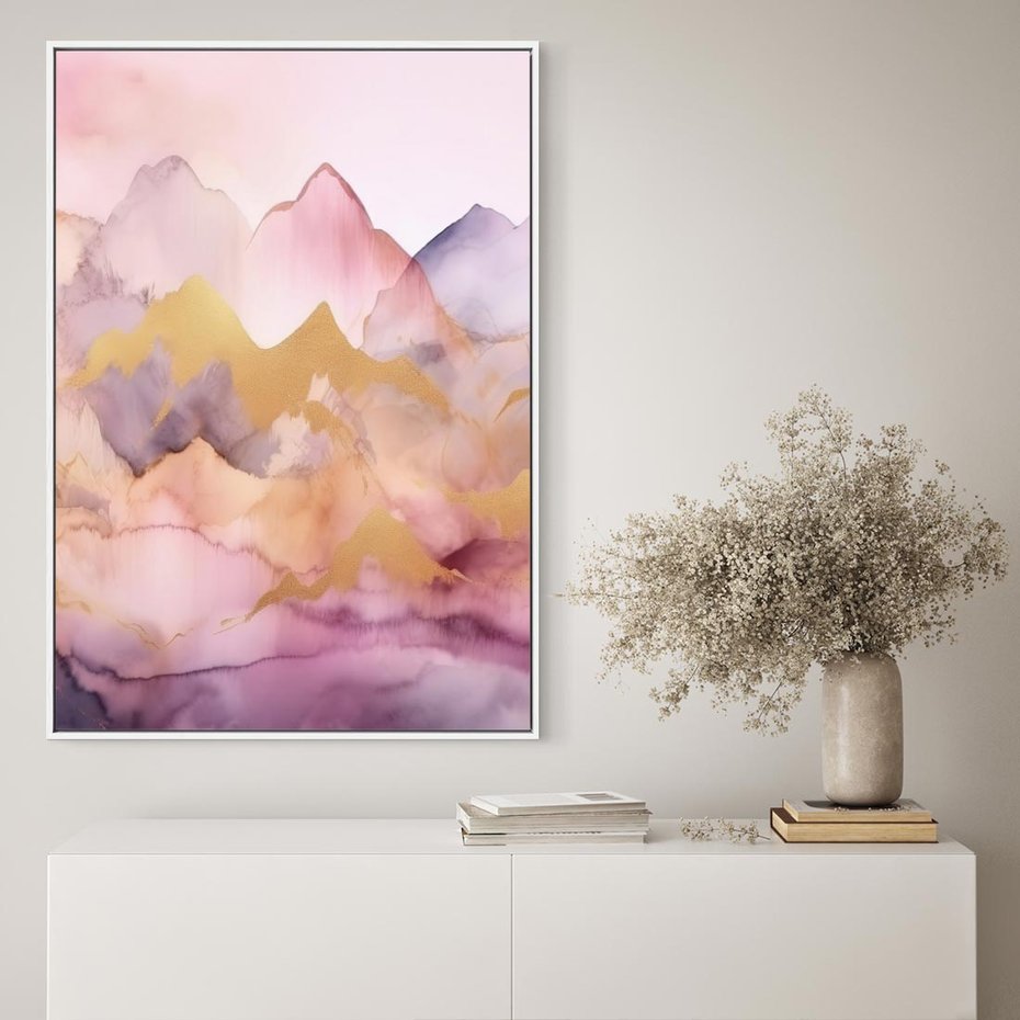 Obraz w ramie 70x100 - Pastelowe Wzgórza - pastelowe, różowe góry - rama biała
