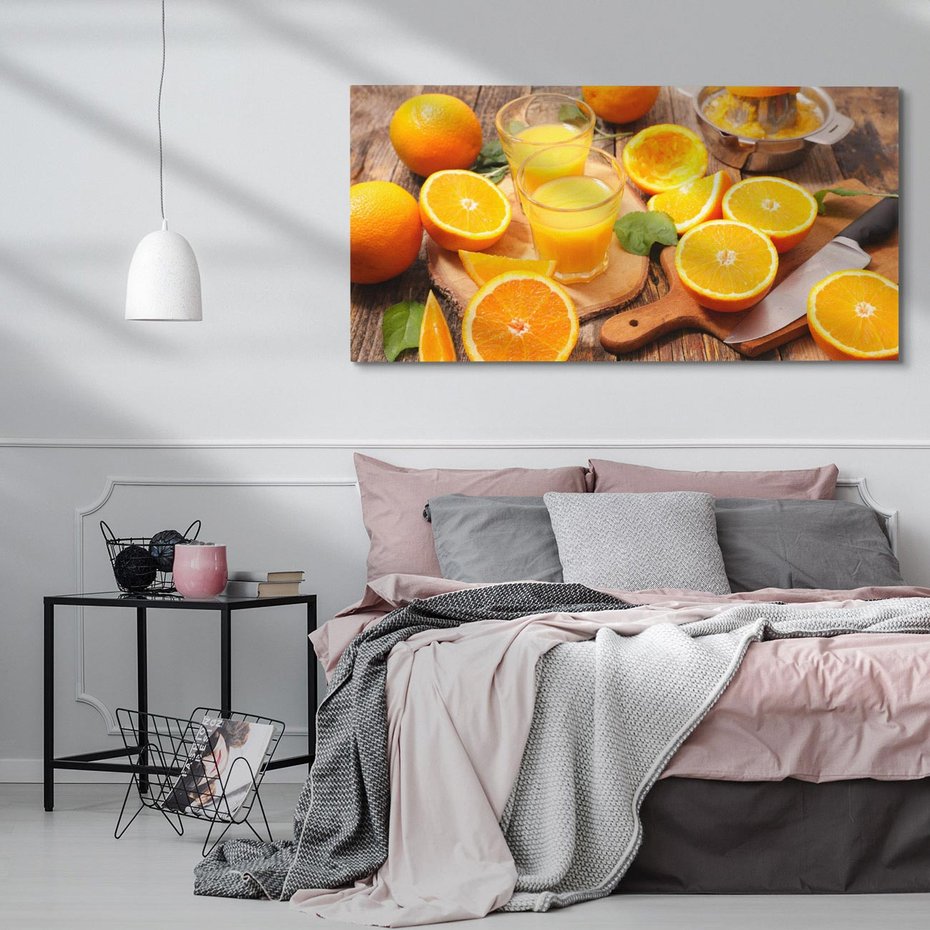 Obraz na płótnie 120x60 - Soczyste pomarańcze i soki - pomarańcze, soki