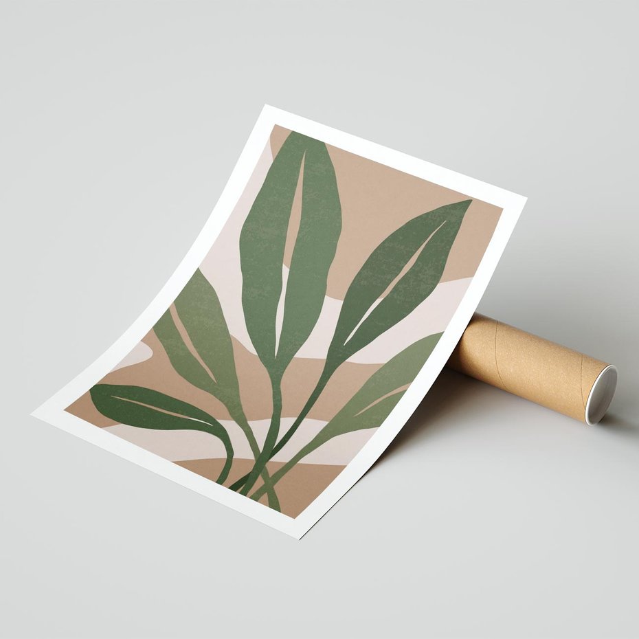 Plakat bez ramy 21x30 - Nowoczesność Natury: Plakat z Zielonymi Liśćmi - nowoczesny plakat, beż
