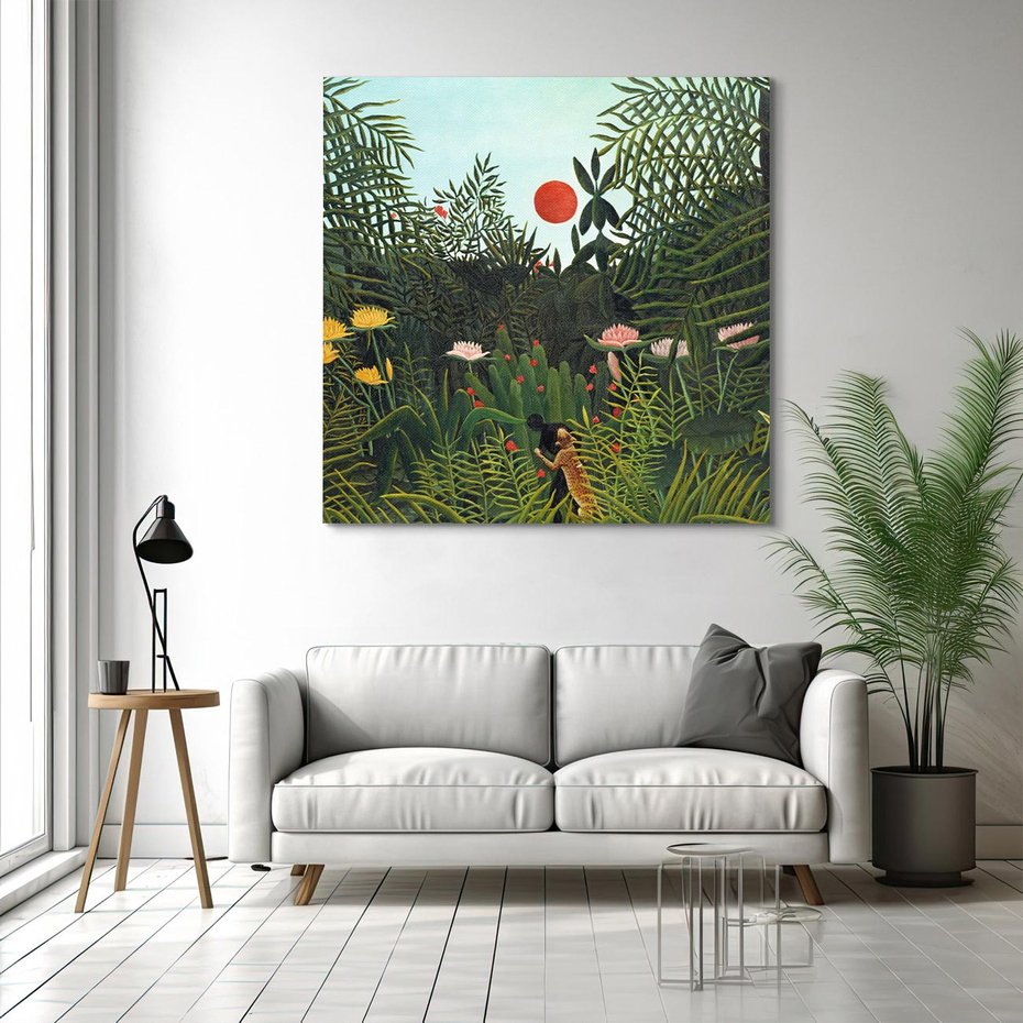 Obraz na płótnie 50x50 - "Virgin Forest with Sunset " (1910) Henriego Rousseau - reprodukcja, obraz na płótnie