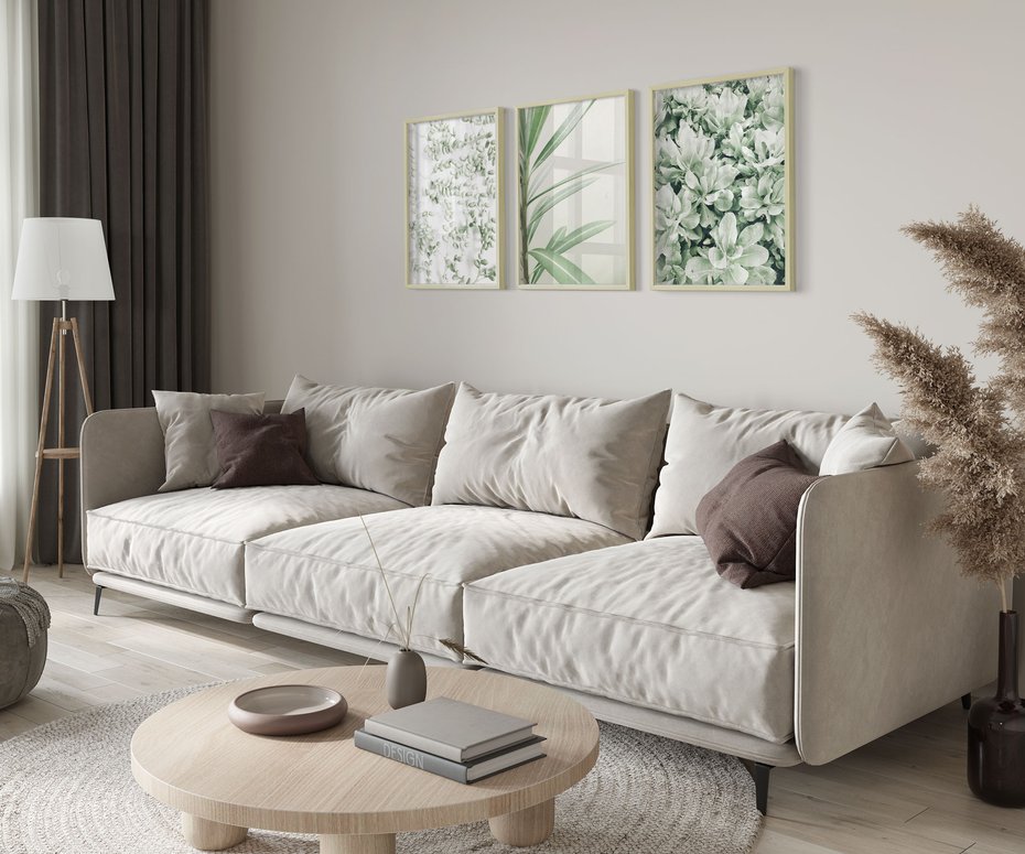 Zestaw obrazy w ramie 50x70 galeria - Liście, zieleń, minimalizm - rama drewno