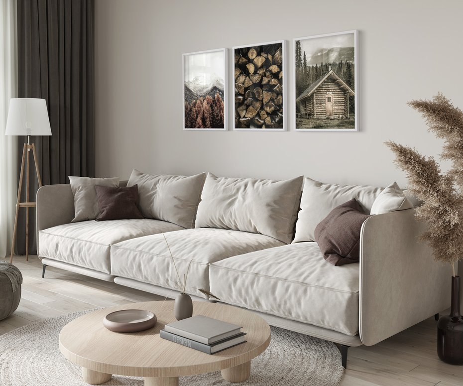 Zestaw obrazy w ramie 50x70 galeria - Chatka, w, górach, drewno - rama biała