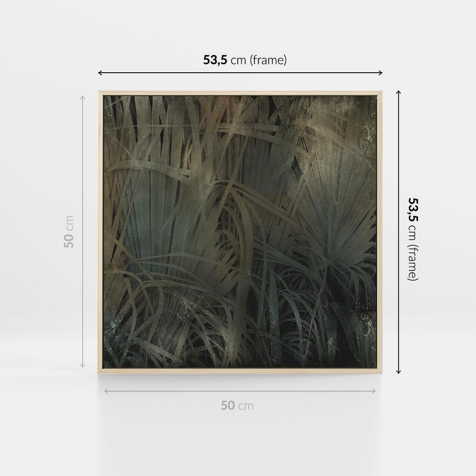 Obraz w ramie 50x50 - Światło w mroku duszy - liście traw, mroczny klimat - rama drewno