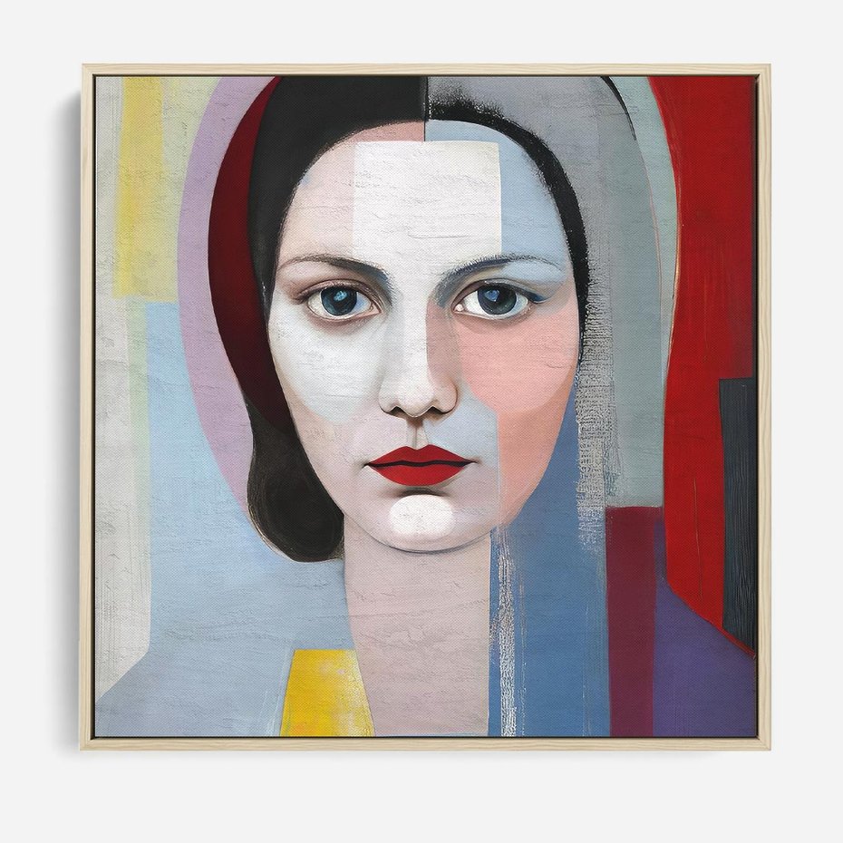 Obraz w ramie 80x80 - Kolorowe Granice Form - abstrakcyjny obraz olejny, portret twarzy kobiety - rama drewno
