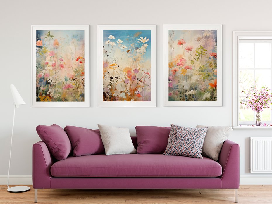 Zestaw obrazy w ramie 50x70 galeria - kwiaty, łąka, akwarela, boho - rama biała