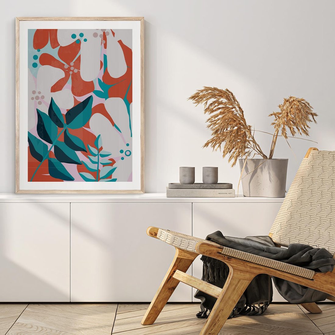 Plakat w ramie 30x40 - Harmonijne Formy - abstrakcyjna kompozycja kwiatowych form, kolor zgaszone - rama drewno