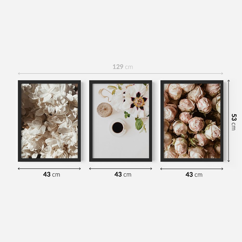 Zestaw obrazy w ramie 40x50 galeria - Kwiaty, róże, kawa - rama czarna