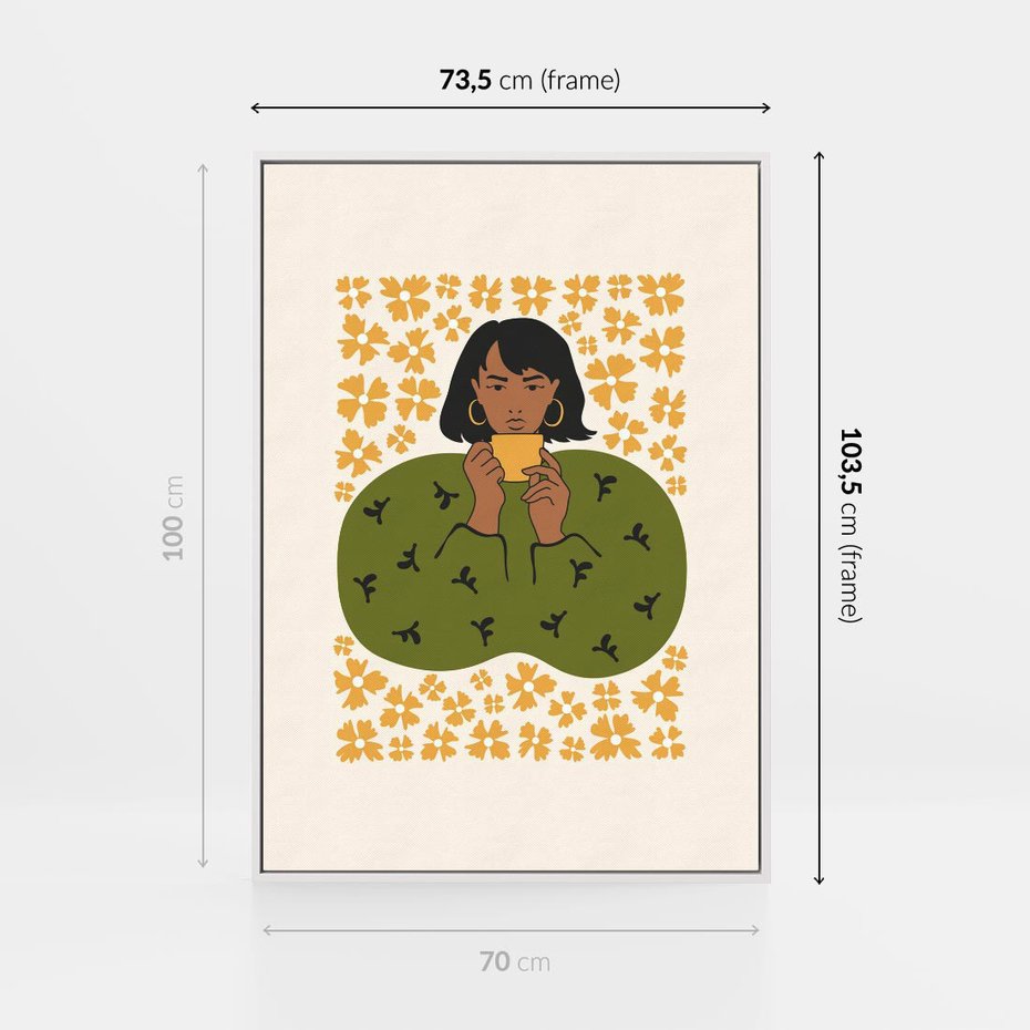 Obraz w ramie 70x100 - Wewnętrzne Fale - nowoczesny plakat, kobieta otoczona liśćmi - rama biała