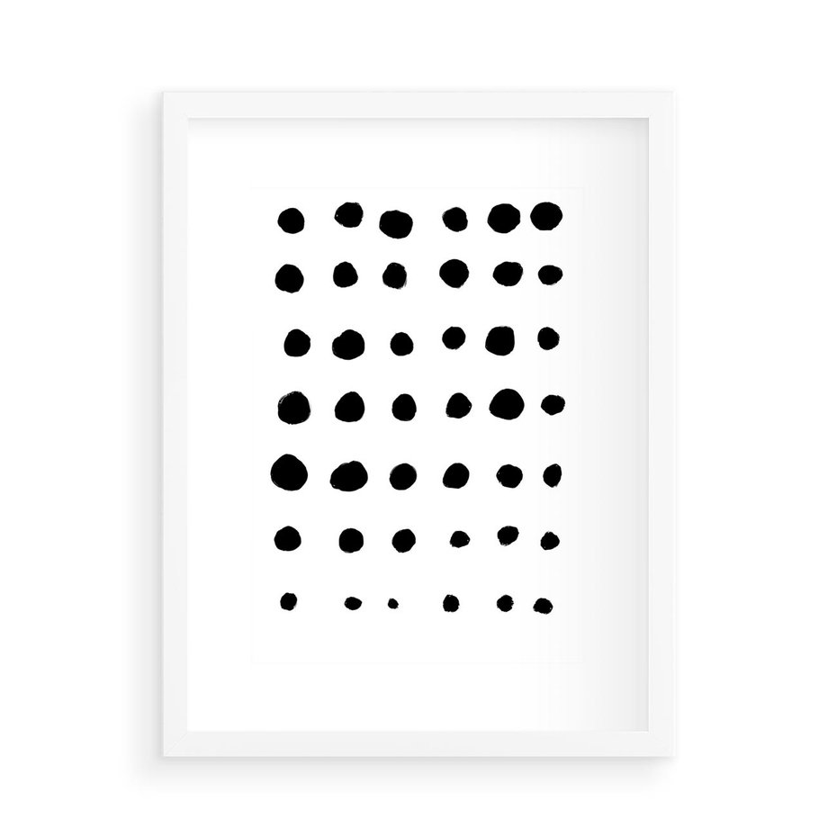 Plakat w ramie 50x70 - Refleksje Światła - minimalistyczna kompozycja, czarne kropkina białym tle - rama biała
