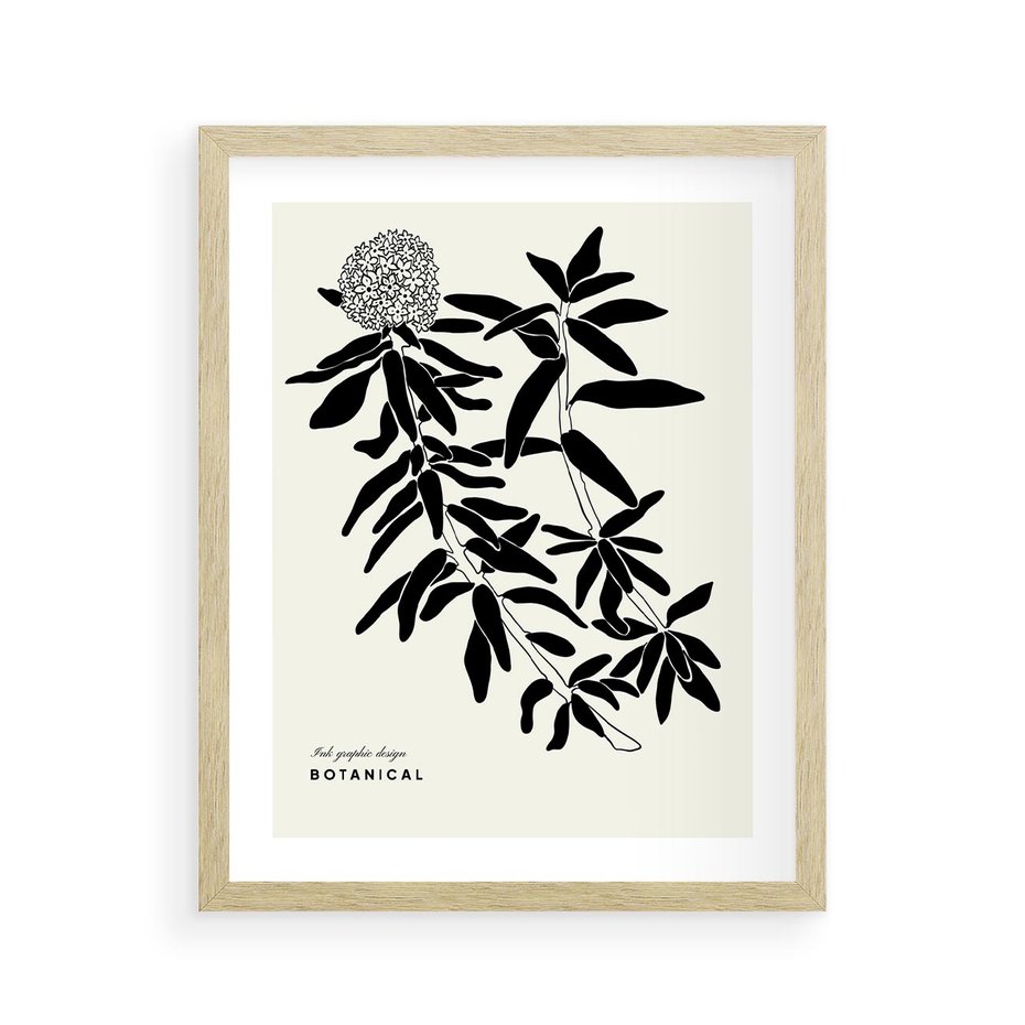 Plakat w ramie 40x50 - Szept kwiatowej wyobraźni - czarno biała grafika, roślinność - rama drewno