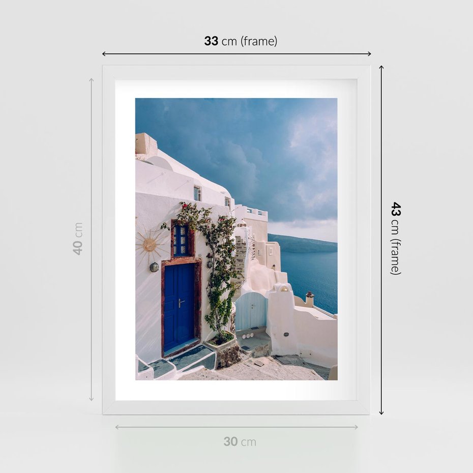 Plakat w ramie 30x40 - Urok Greckiej Wyspy - Santorini, Grecja - rama biała
