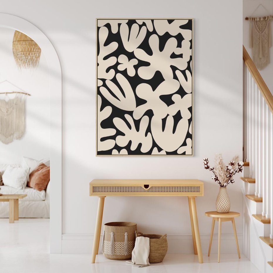 Obraz w ramie 80x120 - Księga Ukrytych Widoków - abstrakcyjne czarno białe formy, minimalizm - rama drewno