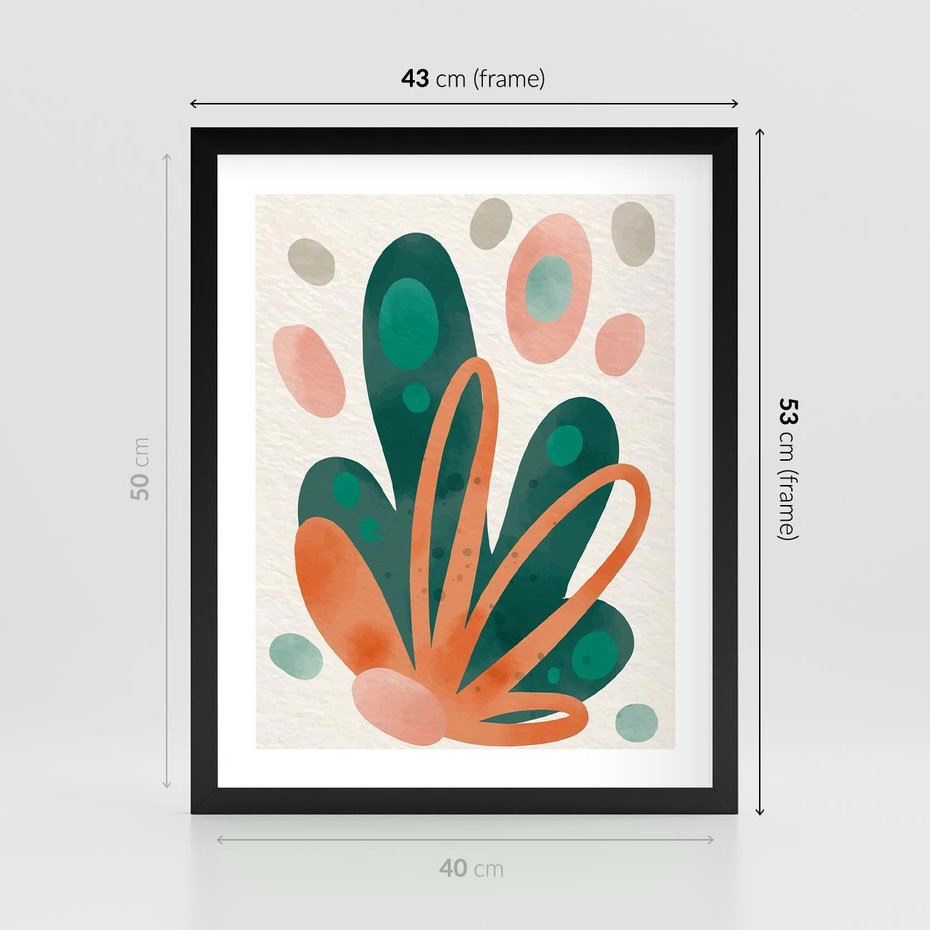 Plakat w ramie 40x50 - Harmonia bez Harmonii - akwarelowe abstrakcyjne kształty, zieleń i pomarańcz - rama czarna
