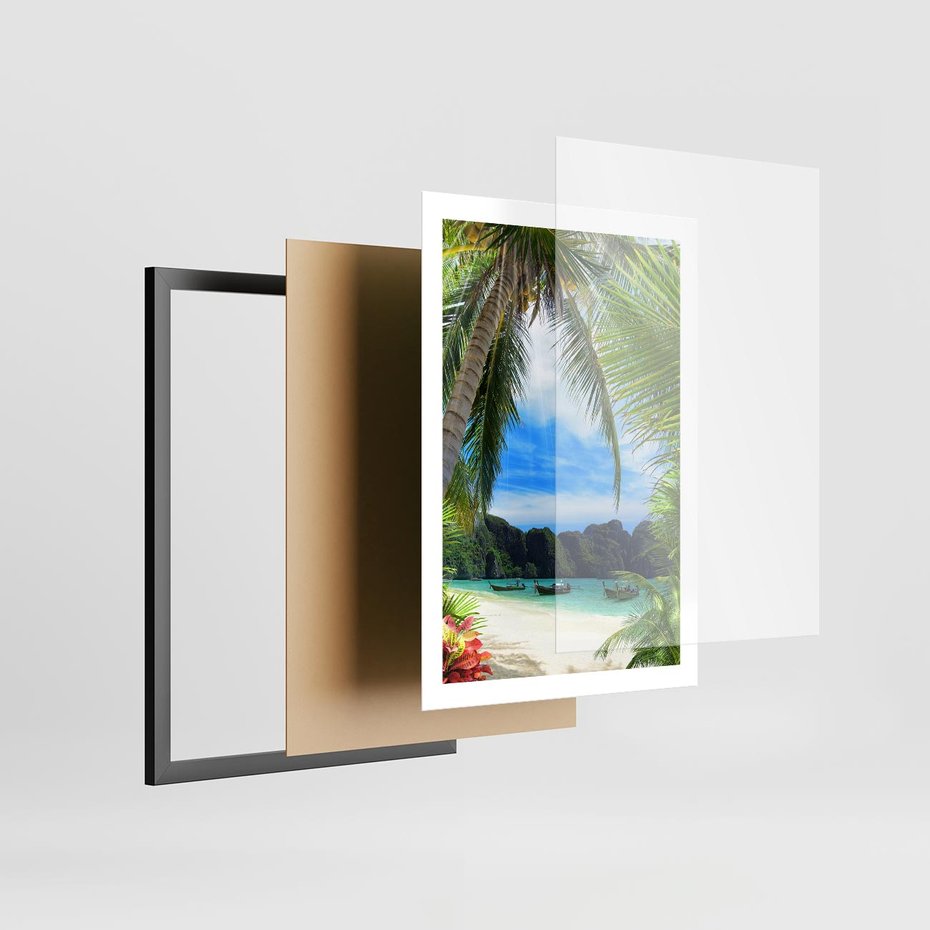 Plakat w ramie 50x70 - Palmy tańczące na tropikalnej plaży - palmy, plaża - rama czarna