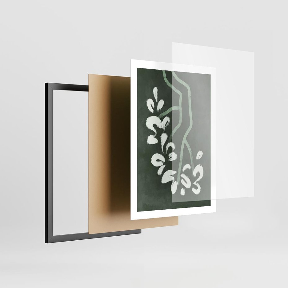 Plakat w ramie 50x70 - Rozkwitające Zielone Gałęzie - abstrakcyjne delikatne zielone linie, podobne do gałęzi kwiatów - rama czarna