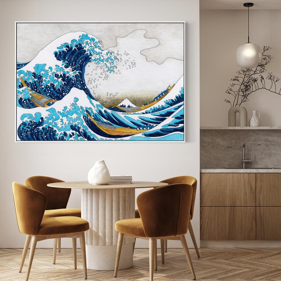 Obraz w ramie 70x50 - Wzburzone Morze - wielka fala w kaganawie, Hokusai - rama biała