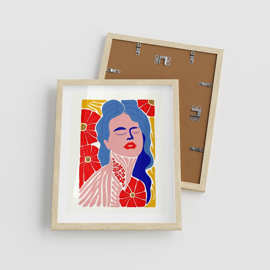 Plakat w ramie 40x50 - Nowoczesna Twarz - nowoczesna grafika, kolorowa twarz kobiety - rama drewno
