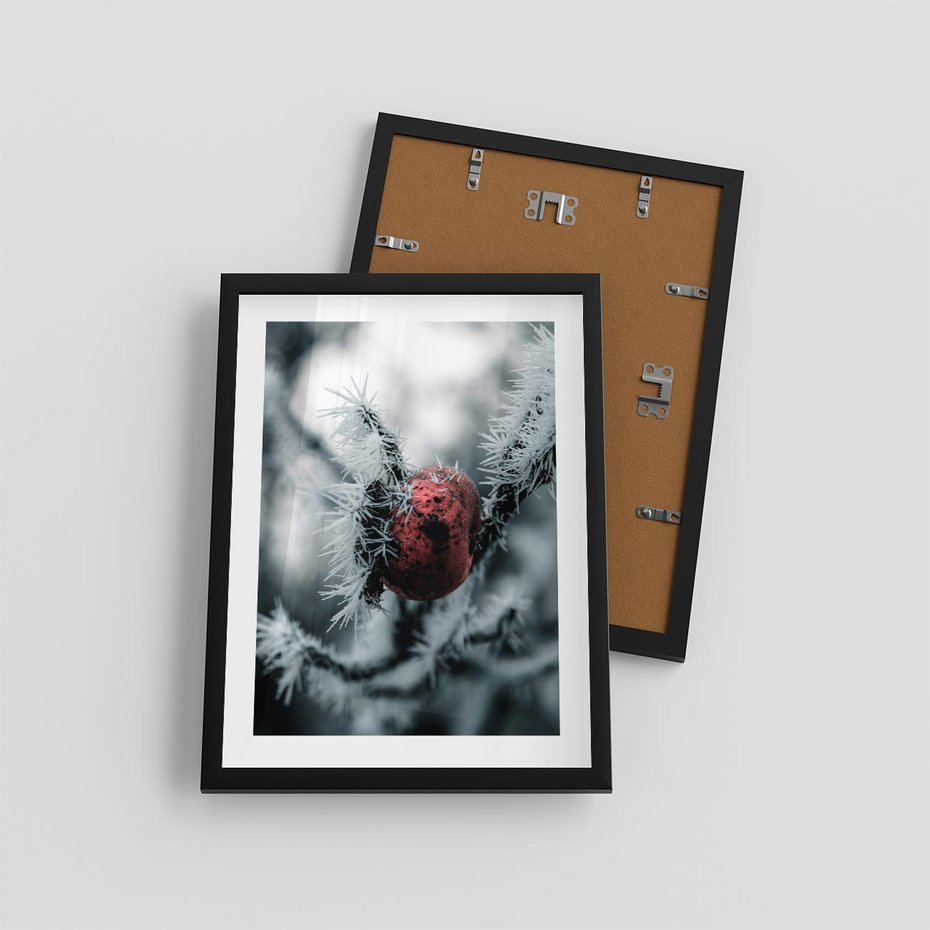 Plakat w ramie 30x40 - Chwila Zimowego Uroku - zima, ośnieżona gałązka - rama czarna