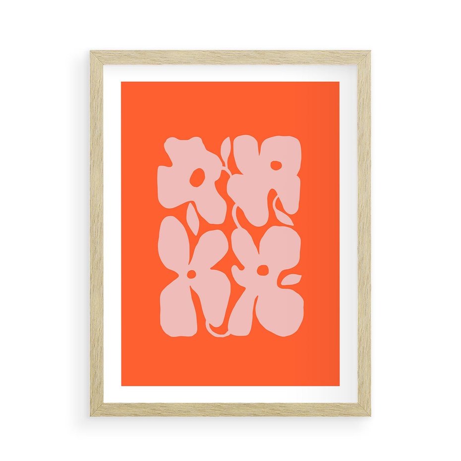 Plakat w ramie 50x70 - Taniec Abstrakcji - kwiaty, energetyczne pomarańczowe tłó - rama drewno