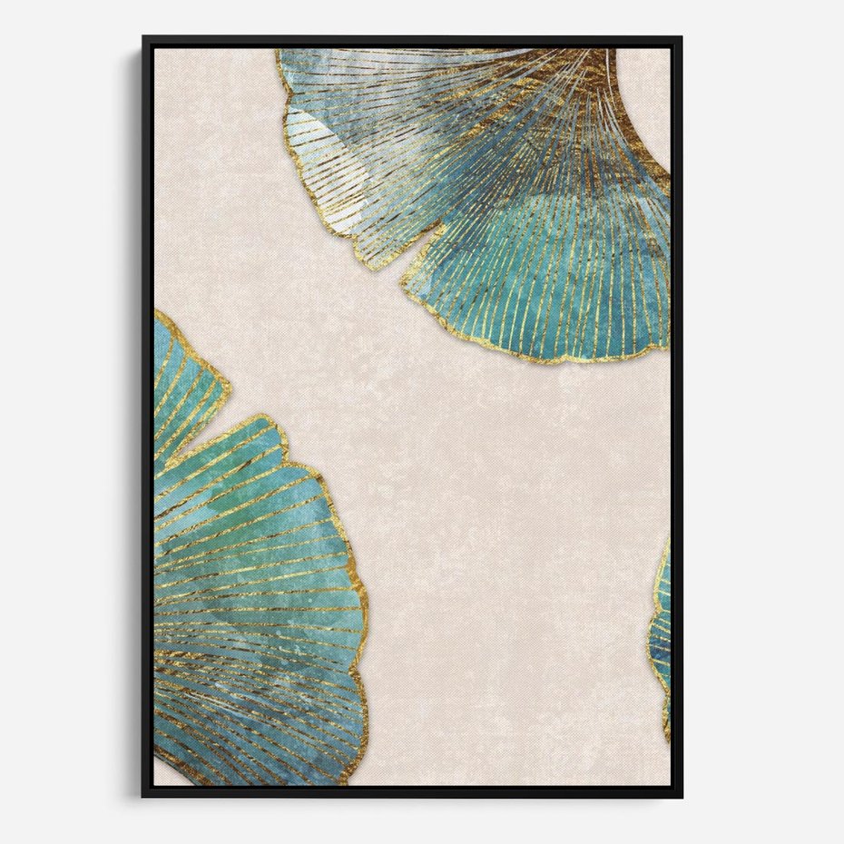 Obraz w ramie 50x70 - Złota Melodia Liści - złote, turkusowe liście miłorzębu - rama czarna