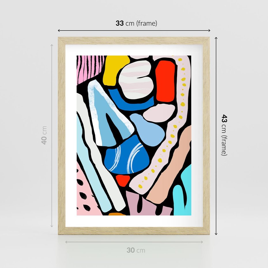 Plakat w ramie 30x40 - Kolory Na Czerni - abstrakcyjne formy, komiksowy styl - rama drewno