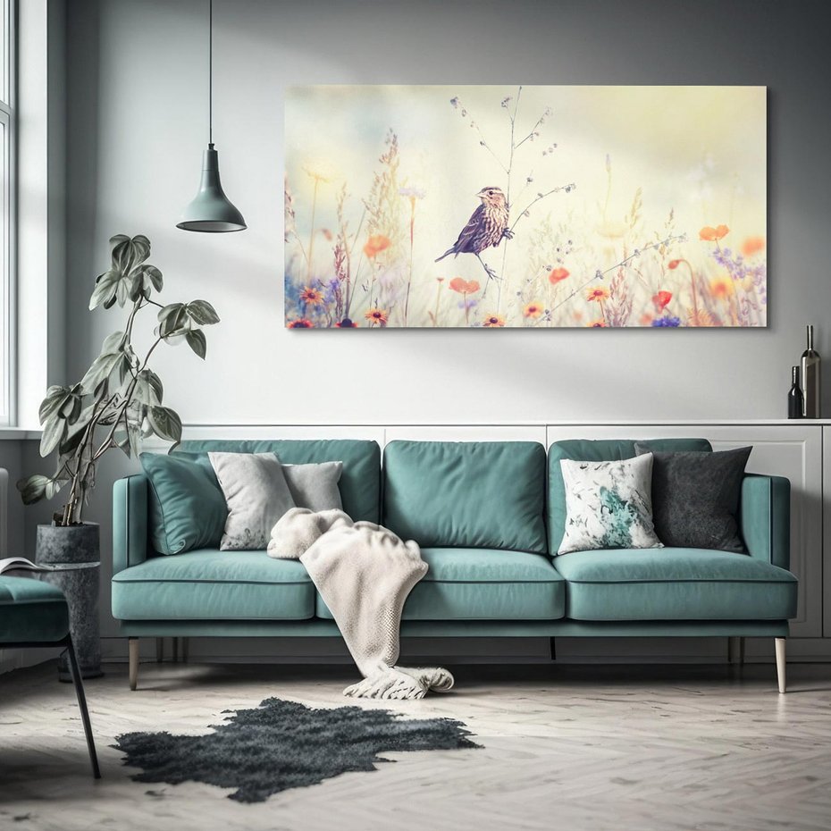 Obraz na płótnie 120x60 - Poranek wśród łąki - ptak, łąka